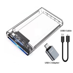 HDD Enclosure USB 3.0 2.5inch SATA SSD Hard Drive Transparent Case + USB3 Cable +  USB-C Adapter